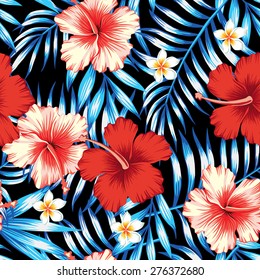 Red And Pink Hibiscus Flower On A Background Of Palm Leaves And Plumeria In A Trendy Blue Vector Style. Hawaiian Tropical Natural Floral Seamless Pattern