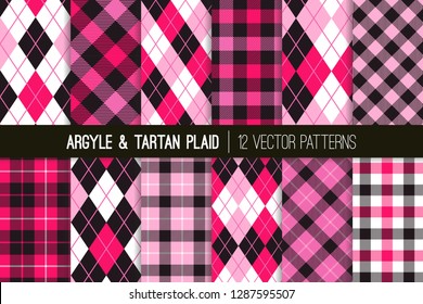 Red, Pink, Lilac, Black and White Argyle and Tartan Plaid Vector Patterns. Valentine's Day Backgrounds. Preppy Fashion Prints. High School Uniform Style. Repeating Tile Swatches Included.