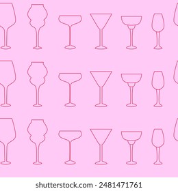 Red and pink linear wine glasses seamless pattern. Icons and doodles. Outline crystal glasses and goblets. Wine tasting. Sommelier. Party, celebration time. Background, wallpaper, digital paper