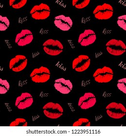 Red and pink lip marks isolated on black background trendy seamless pattern with word "kiss" in different fonts. Vector illustration for beauty industry design