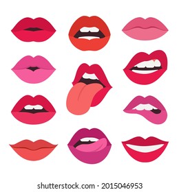 Red And Pink Lips Collection. Vector Illustration Of Sexy Woman's Lips Expressing Different Emotions, Such As Smile, Kiss, Half-open Mouth, Biting Lip, Lip Licking, Tongue Out. Isolated On White.