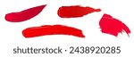 Red and pink lipstick or nail polish swatch. Realistic vector illustration set of painted lip makeup product brush smudge. Glossy cream brushstroke stripe and blotch. Lipgloss or lacquer sample.