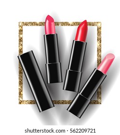 Red and pink  lipstick  on. Beauty and cosmetics background. Use for advertising flyer, banner, leaflet. Template Vector.