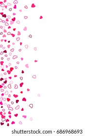 Red and pink love symbol vector, vertical banner with flying hearts for Valentine's day graphic design. Left side pattern. Romantic feelings, relationships concept background with heart doodles.