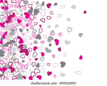 Red and pink love symbol vector, vertical banner with flying hearts for Valentine's day graphic design. Left side pattern. Romantic feelings, relationships concept background with heart doodles.