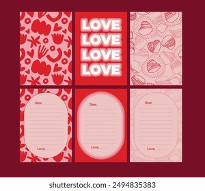 Red and pink love-themed greeting cards with abstract patterns and 'Love' text. Perfect for Valentine's Day, anniversaries, or expressing affection. Each card features a 'Dear' and 'Love' section.