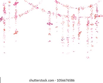 Red, pink and magenta flying musical notes isolated on white backdrop. Fresh musical notation symphony signs, notes for sound and tune music. Vector symbols for melody recording, print and design