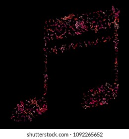 Red, pink and magenta flying musical notes isolated on black backdrop. Stylish musical notation symphony signs, notes for sound and tune music. Vector symbols for melody recording, print and design