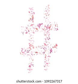 Red, pink and magenta flying musical notes isolated on white background. Stylish musical notation symphony signs, notes for sound and tune music. Vector symbols for melody recording, print and design