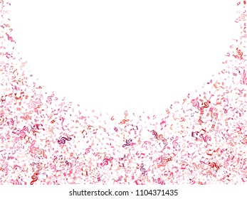 Red, pink and magenta flying musical notes isolated on white backdrop. Stylish musical notation symphony signs, notes for sound and tune music. Vector symbols for melody recording, print and design