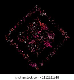 Red, pink and magenta flying musical notes isolated on black background. Stylish musical notation symphony signs, notes for sound and tune music. Vector symbols for melody recording, print and design