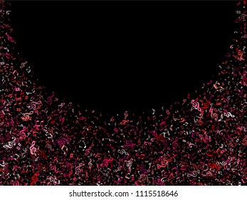 Red, pink and magenta flying musical notes isolated on black background. Bright musical notation symphony signs, notes for sound and tune music. Vector symbols for melody recording, print and design