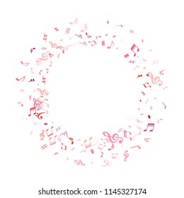Red, pink and magenta flying musical notes isolated on white backdrop. Bright musical notation symphony signs, notes for sound and tune music. Vector symbols for melody recording, print and design