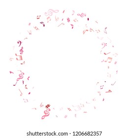 Red, pink and magenta flying musical notes isolated on white backdrop. Bright musical notation symphony signs, notes for sound and tune music. Vector symbols for melody recording, print and design