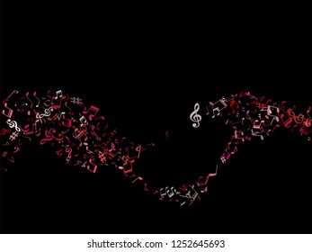 Red, pink and magenta flying musical notes isolated on black background. Cute musical notation symphony signs, notes for sound and tune music. Vector symbols for melody recording, print and design