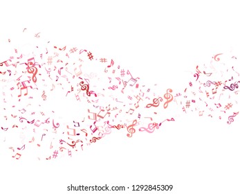 Red, pink and magenta flying musical notes isolated on white background. Stylish musical notation symphony signs, notes for sound and tune music. Vector symbols for melody recording, print and design