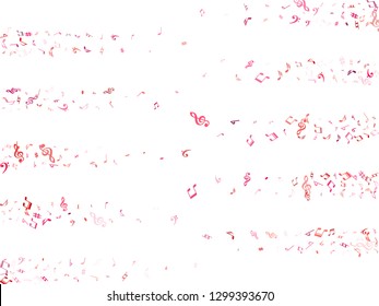 Red, pink and magenta flying musical notes isolated on white background. Bright musical notation symphony signs, notes for sound and tune music. Vector symbols for melody recording, print and design