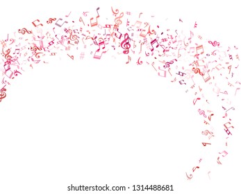 Red, pink and magenta flying musical notes isolated on white backdrop. Cute musical notation symphony signs, notes for sound and tune music. Vector symbols for melody recording, print and design