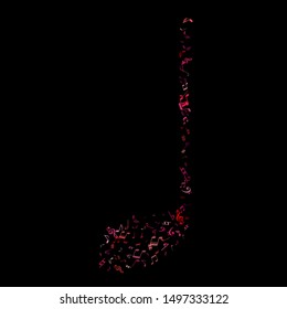 Red, pink and magenta flying musical notes isolated on black backdrop. Bright musical notation symphony signs, notes for sound and tune music. Vector symbols for melody recording, print and design