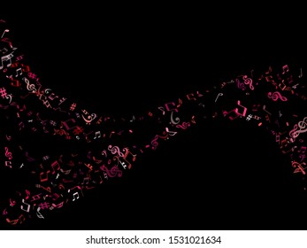 Red, pink and magenta flying musical notes isolated on black background. Bright musical notation symphony signs, notes for sound and tune music. Vector symbols for melody recording, print and design