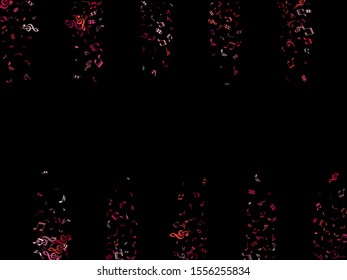 Red, pink and magenta flying musical notes isolated on black backdrop. Cute musical notation symphony signs, notes for sound and tune music. Vector symbols for melody recording, print and design