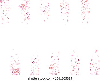 Red, pink and magenta flying musical notes isolated on white background. Stylish musical notation symphony signs, notes for sound and tune music. Vector symbols for melody recording, print and design