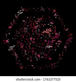 Red, pink and magenta flying musical notes isolated on black backdrop. Contrast musical notation symphony signs, notes for sound and tune music. Vector symbols for melody recording, print and design