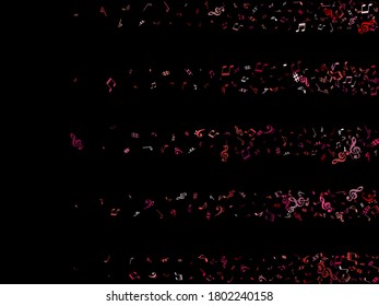 Red, pink and magenta flying musical notes isolated on black background. Bright musical notation symphony signs, notes for sound and tune music. Vector symbols for melody recording, print and design