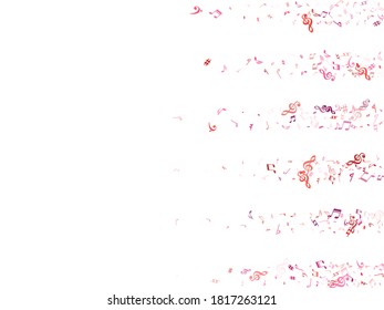 Red, pink and magenta flying musical notes isolated on white backdrop. Fresh musical notation symphony signs, notes for sound and tune music. Vector symbols for melody recording, print and design