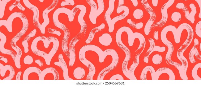 Red and pink melt hearts with circles seamless pattern. Brush drawn bold liquid hearts wallpaper. Scribble doodle retro wallpaper for Valentine's day. Love motif seamless banner background.