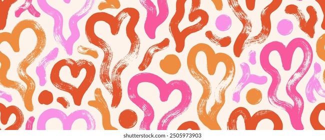 Red and pink melt hearts with circles seamless pattern. Brush drawn bold liquid hearts wallpaper. Scribble doodle retro wallpaper for Valentine's day. Love motif seamless banner background.