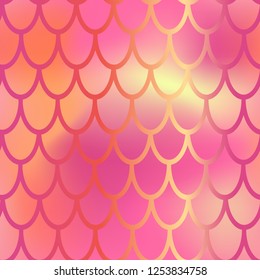 Red and pink mermaid vector background. Fish scale pattern. Mermaid seamless pattern tile. Holographic gradient. Coral red color texture. Mermaid skin seamless pattern. Iridescent wrapping paper