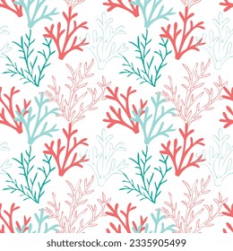 Red, pink and mint corals on a white background. Vector seamless pattern with tropical reef. Sea doodles