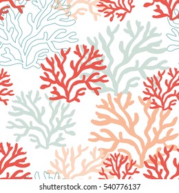 Red, pink and mint corals on the white background. Vector seamless pattern with tropical reef. Nautical doodles.
