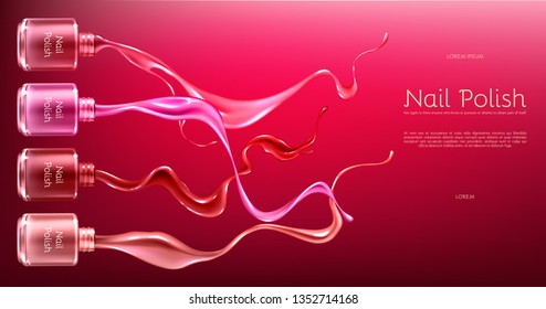 Red or pink nail polish 3d realistic vector ads banner with glass bottle in glossy, liquid varnish enamel splash frozen motion illustration. Womens cosmetics and make up product promotional mockup