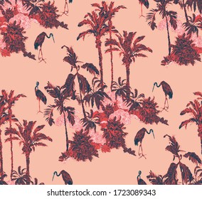 Red, Pink, Navy Blue Tropical Print, Palm Trees Hawaiian Seamless Pattern, Exotic Crane Birds in Jungle Outline Doodle Drawing Toile, Men T-shirt Hawaiian Design