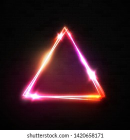 Red pink neon abstract triangle background. Glowing frame. Vintage electric sign. Burning symbol on black wall. Pointer to club, bar or cafe. Design element for ad, poster, banner. Vector illustration