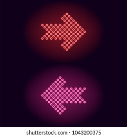 Red and pink neon arrow with rings. Vector illustration of short neon arrow consisting of many rings with backlight on the dark background