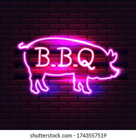 Red and Pink Neon BBQ Pig sign on a brick background . BBQ of Neon-Style.