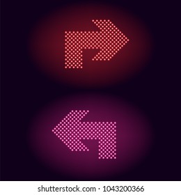 Red and pink neon dot arrow. Vector illustration of turning neon arrow consisting of many dots with backlight on the dark background