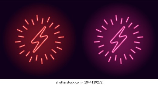 Red and pink neon electric sign. Vector illustration of neon charge symbol surrounded by sparks, with backlight on the dark background