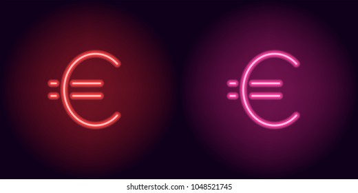 Red and pink neon euro sign. Vector silhouette of neon euro currency consisting of outlines, with backlight on the dark background