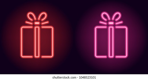 Red and pink neon gift box. Vector silhouette of neon holiday gift consisting of outlines, with backlight on the dark background