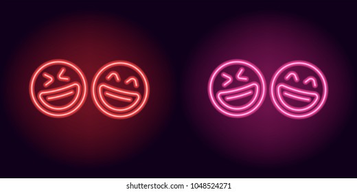 Red and pink neon laughing emoji, fool day. Vector silhouette of neon pair emoji with smile consisting of outlines, with backlight on the dark background