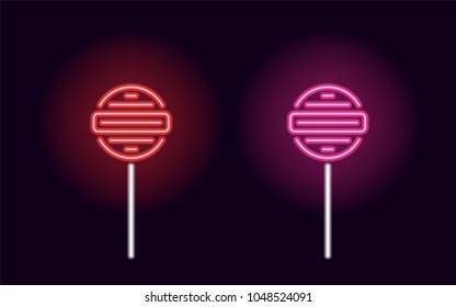 Red and pink neon lollipop. Vector silhouette of neon fruit lollipop consisting of outlines, with backlight on the dark background