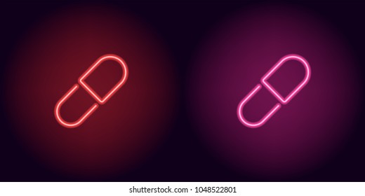 Red and pink neon medicine pill. Vector silhouette of neon pill consisting of outline, with backlight on the dark background