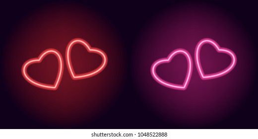 Red and pink neon pair of hearts. Vector silhouette of neon hearts consisting of outline, with backlight on the dark background