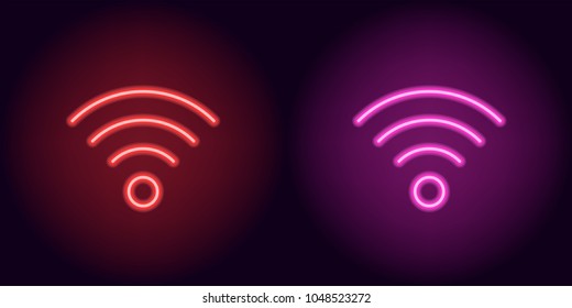 Red and pink neon wi-fi sign. Vector silhouette of neon wi-fi zone consisting of outlines, with backlight on the dark background