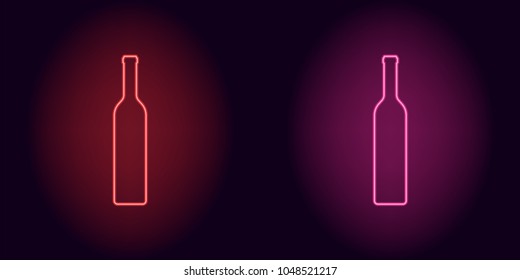 Red and pink neon wine bottle. Vector silhouette of neon bottle consisting of outline, with backlight on the dark background