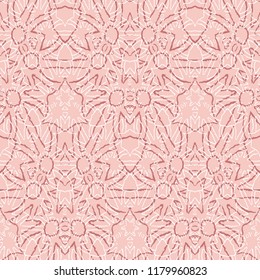 Red pink Nordic Christmas background. Simple geometric seamless pattern with bell shapes, holly branches, ribbons. Winter holiday design for Christmas wrapping paper, packaging and more